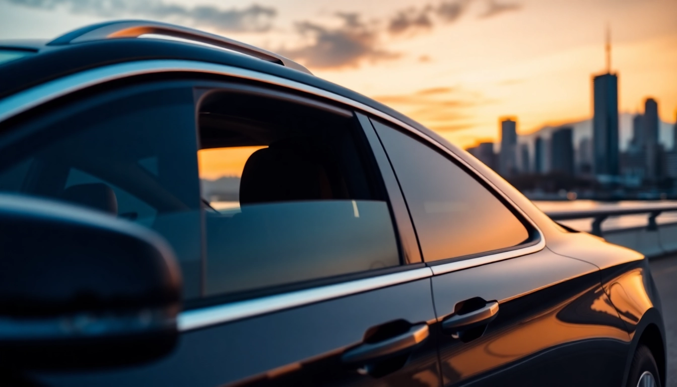 Luxury driver hire Vancouver with a chauffeur in a stylish black car against the vibrant skyline.