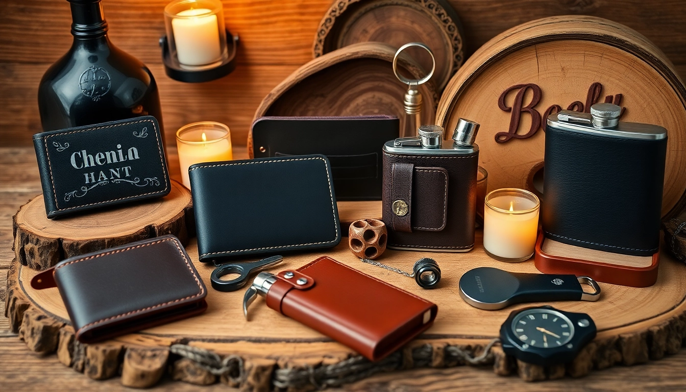 Explore cheap groomsmen gifts like personalized flasks and wallets in a stylish display.