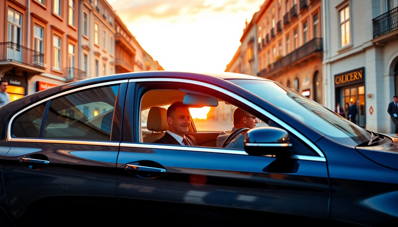 Experience a cheap car rental with driver Lisbon, featuring a sleek sedan in historic streets with a professional driver.