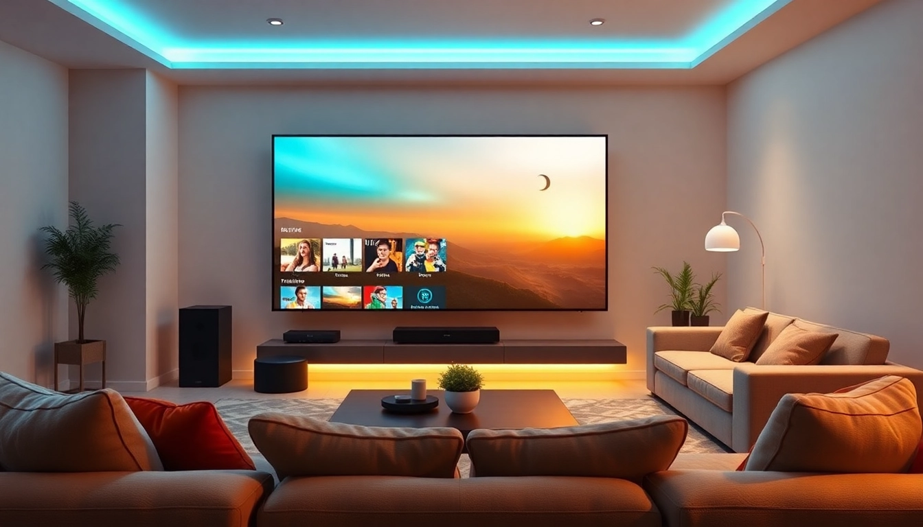 Experiencing abonnement iptv in a modern living room with a large screen and cozy ambiance.