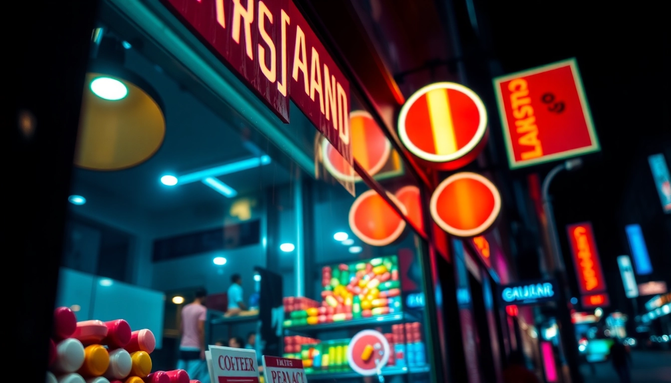 Buy Ecstasy at a vibrant pharmacy with neon lights and colorful displays.