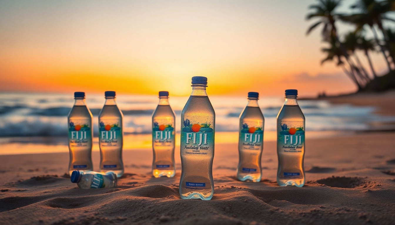 Highlighting the fda recalls fiji water, Fiji water bottles sit peacefully on a beach at sunset.