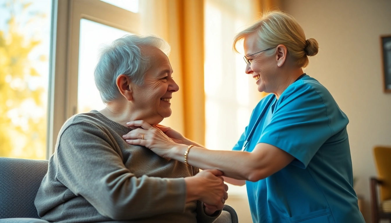 Portray pflegedienst werbung through a compassionate caregiver interacting positively with an elderly client in a sunlit room.