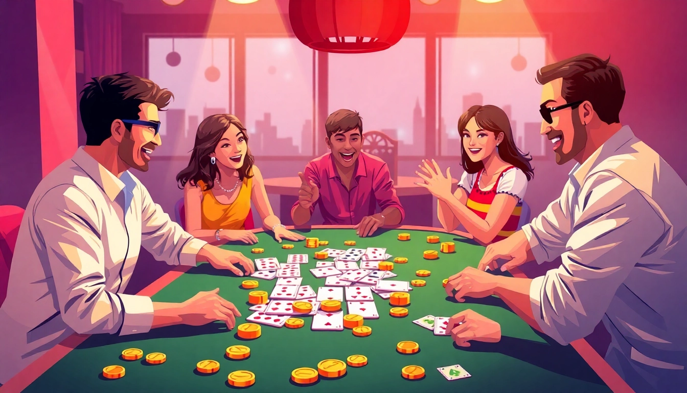 Engaged players enjoying Rummy wealth, showcasing colorful cards and coins during an exciting game session.