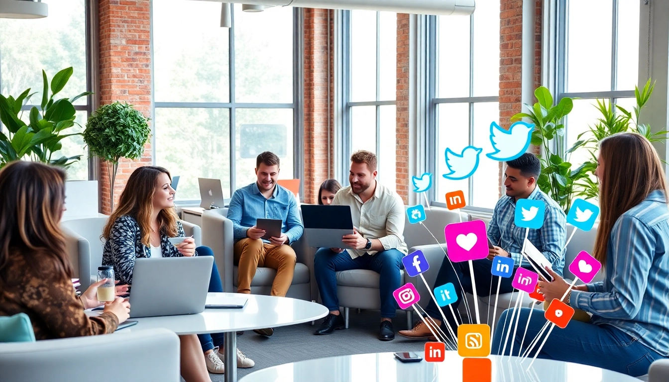 Engage in effective training social media strategies with a diverse group in a modern workspace.