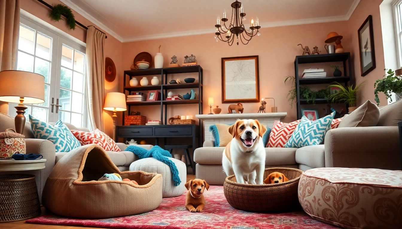 Showcase stylish pet accessories enhancing a cozy home environment with a playful dog.