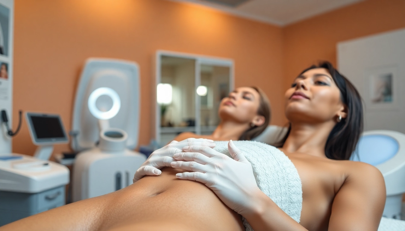 Body sculpting procedure showcasing a diverse group of clients receiving treatment in a modern clinic environment.