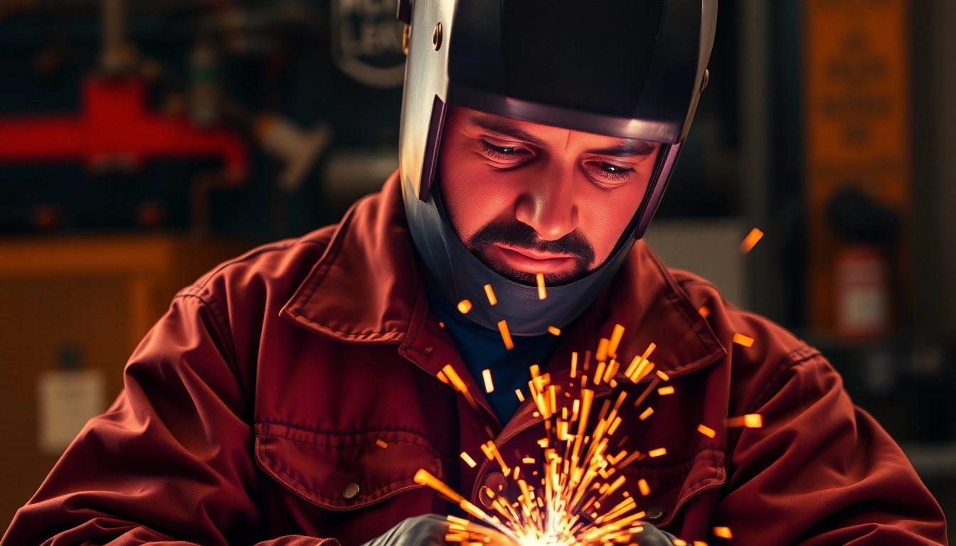 Professional welder in a flame-resistant welding jacket showcasing sparks and craftsmanship.