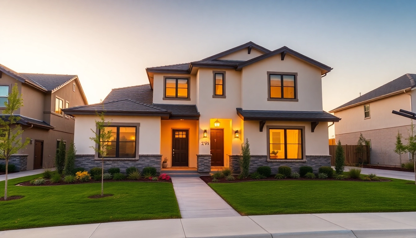 New Home Construction near me featuring a modern exterior illuminated by sunset.