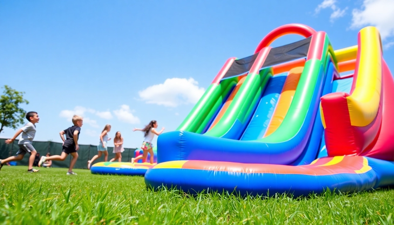 Outdoor slide rental attracting children with vibrant colors and playful atmosphere.