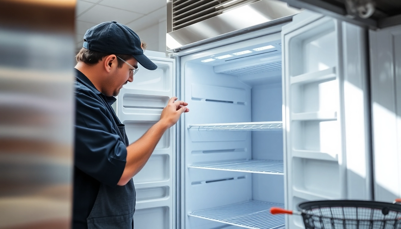 Expert technician performing walk in freezer repair in a well-lit commercial kitchen environment.