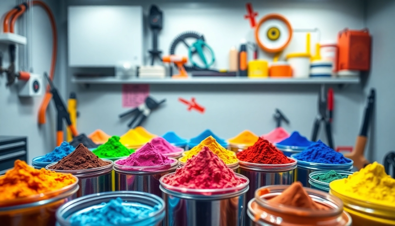 Application of powder coating in a vibrant booth featuring colorful pigments and tools.