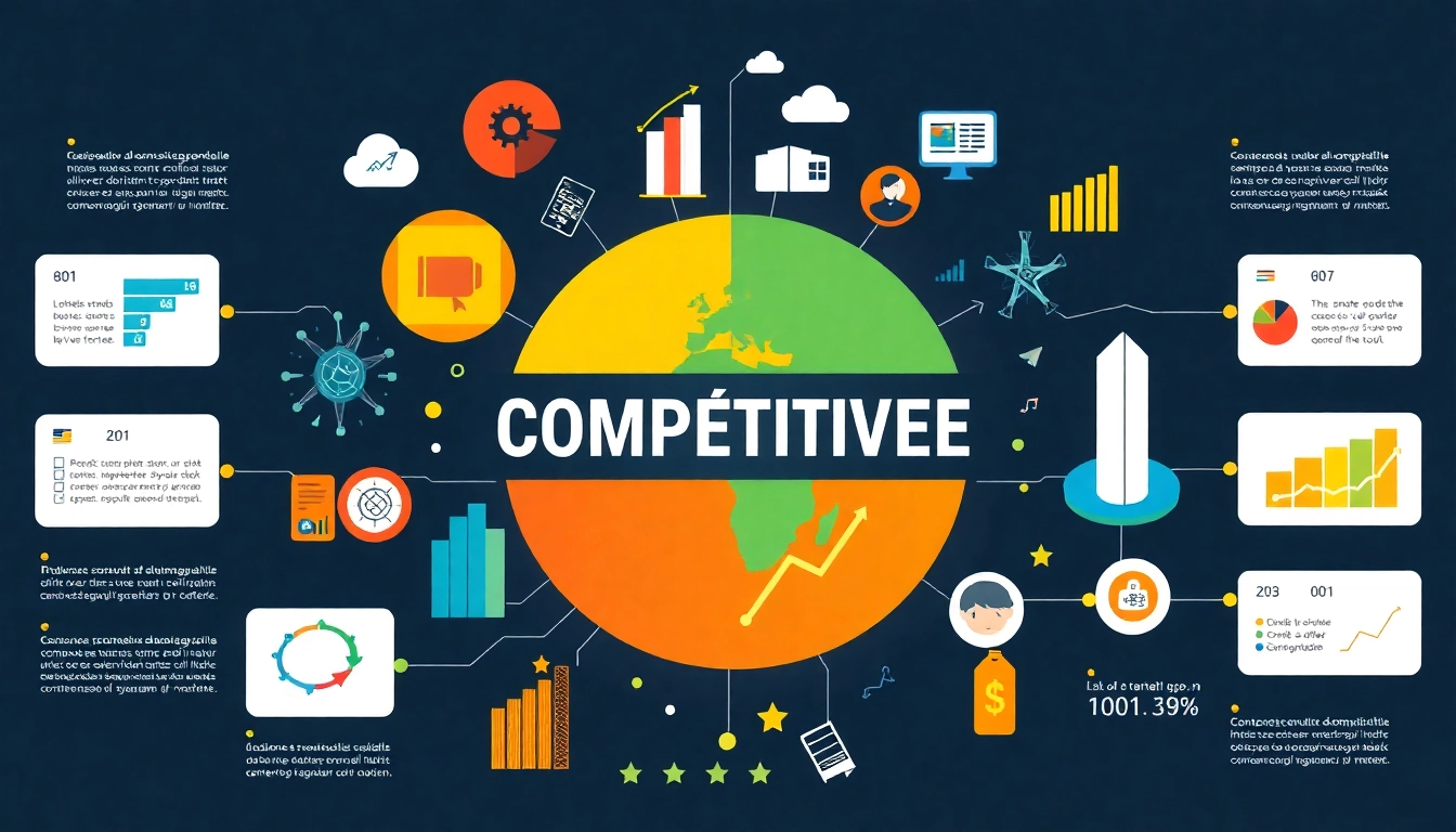 Visual representation showcasing the concept of compétitivité in business markets through diverse icons and growth graphs.