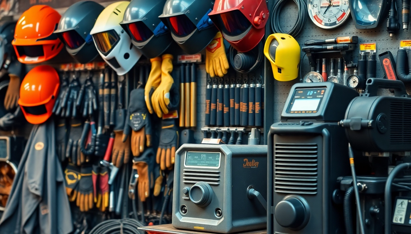 Showcase of welding supplies, including helmets and gloves, highlighting essential items for welders.