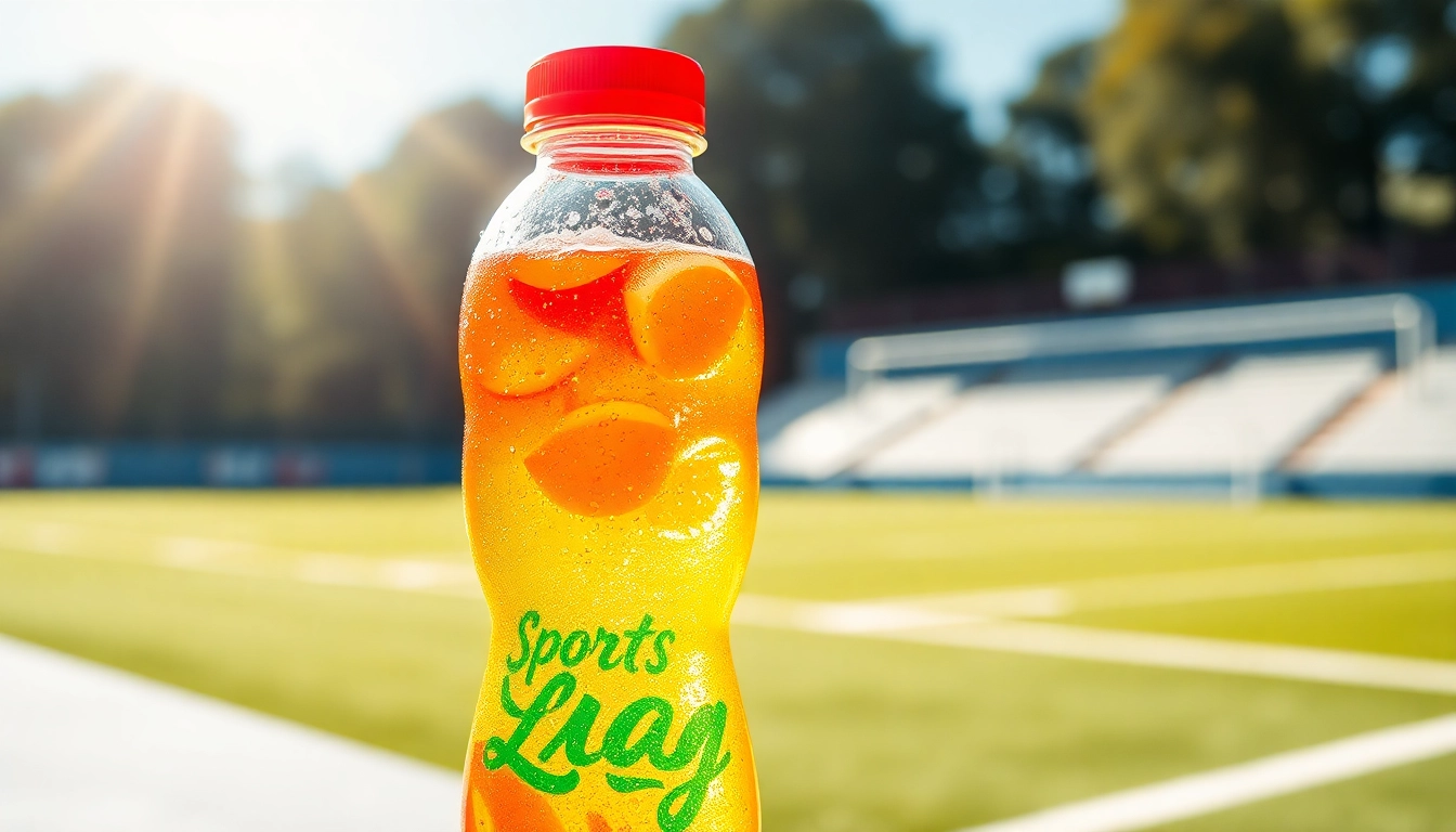 Refreshing sportsdrink bottle glistening with water droplets in a sunny outdoor setting.