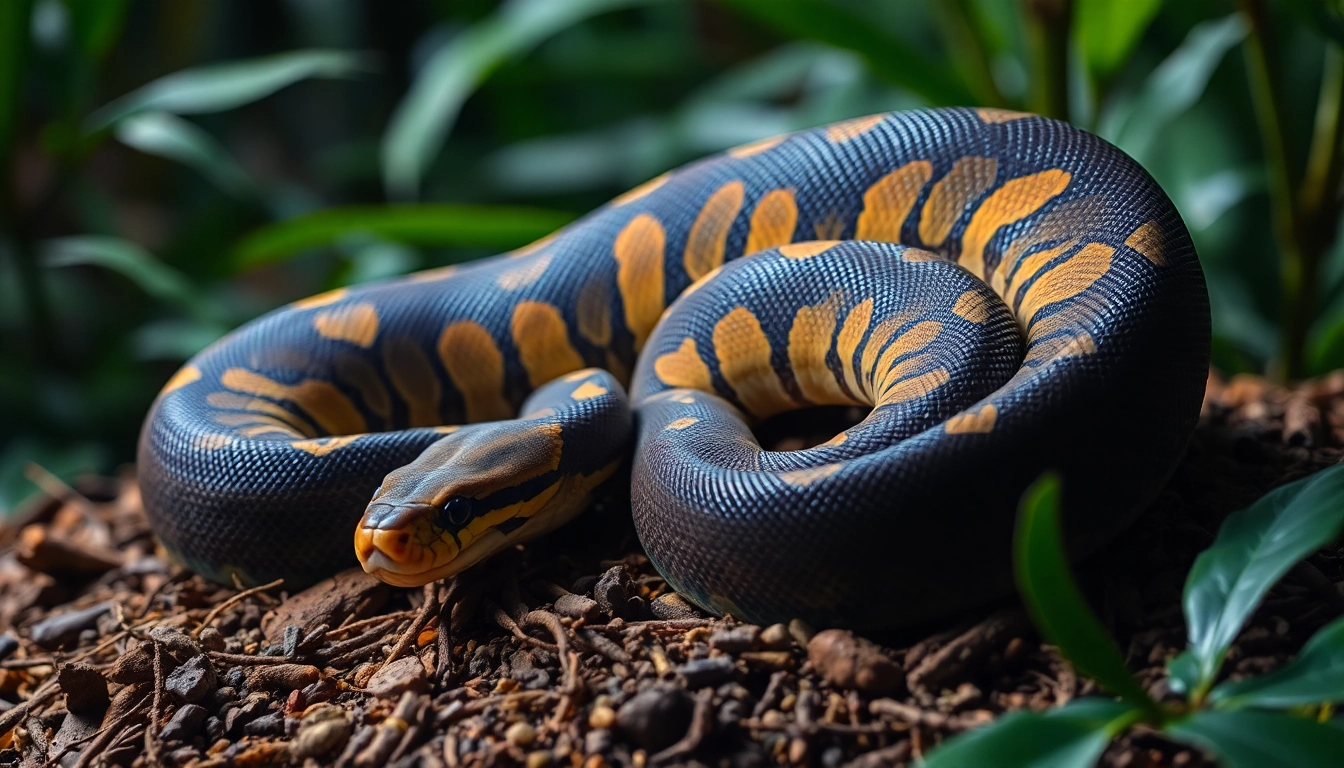 Volta ball python for sale showcasing vibrant patterns, coiled gracefully in a tropical setting.