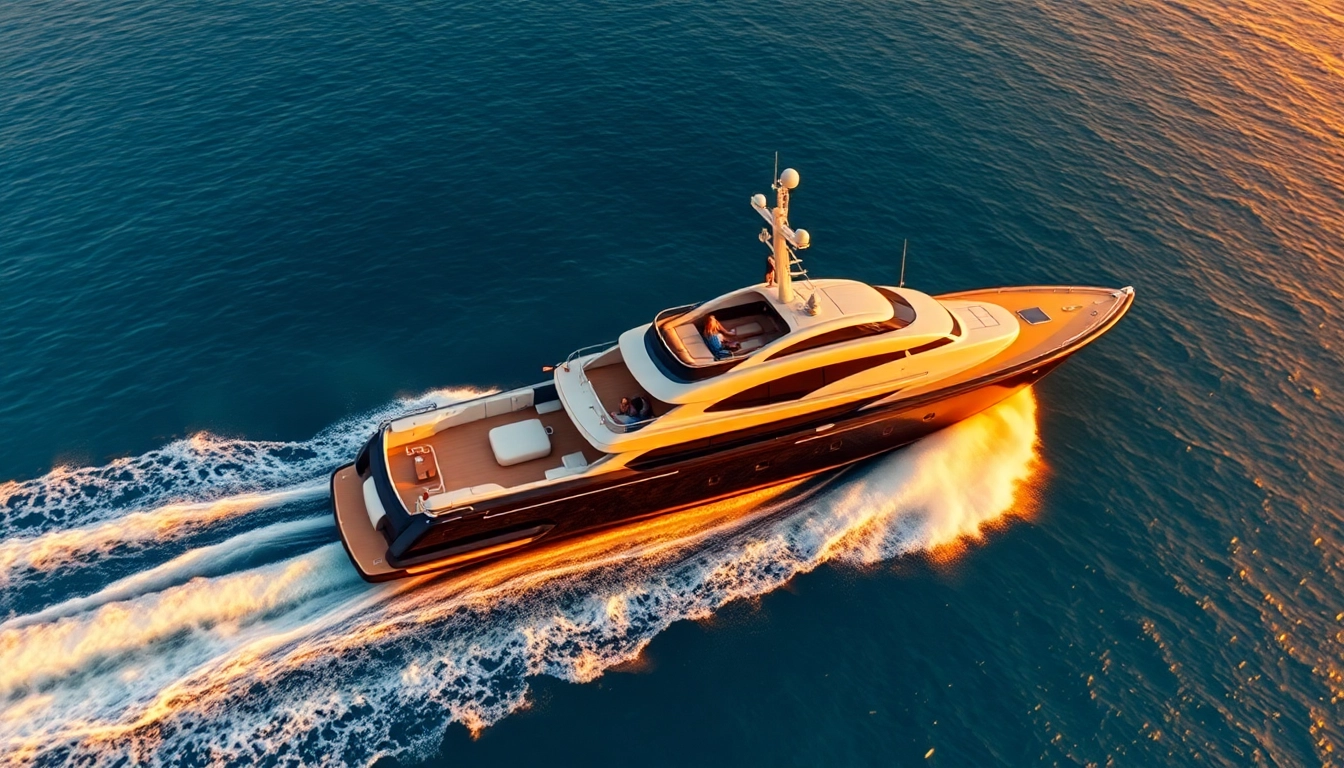 Luxury yacht boat cruising on serene waters, highlighting elegant design and sunset colors.