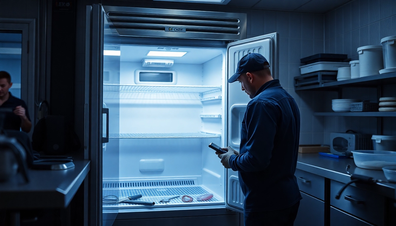 Technician performing walk in freezer repair with visible tools in a commercial setting.