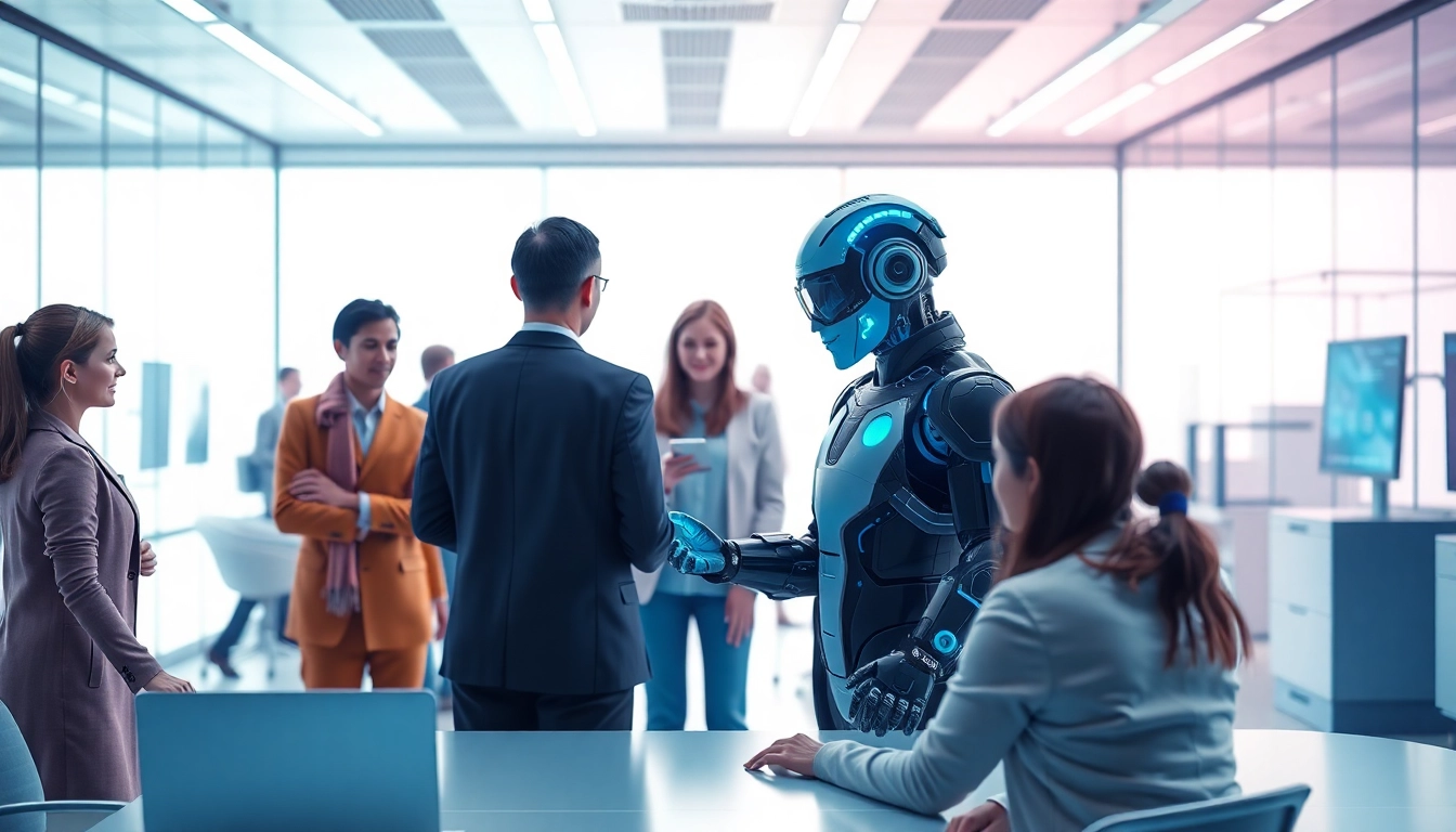 Human AI Outreach agent facilitating dynamic collaboration among diverse team members in a modern office.