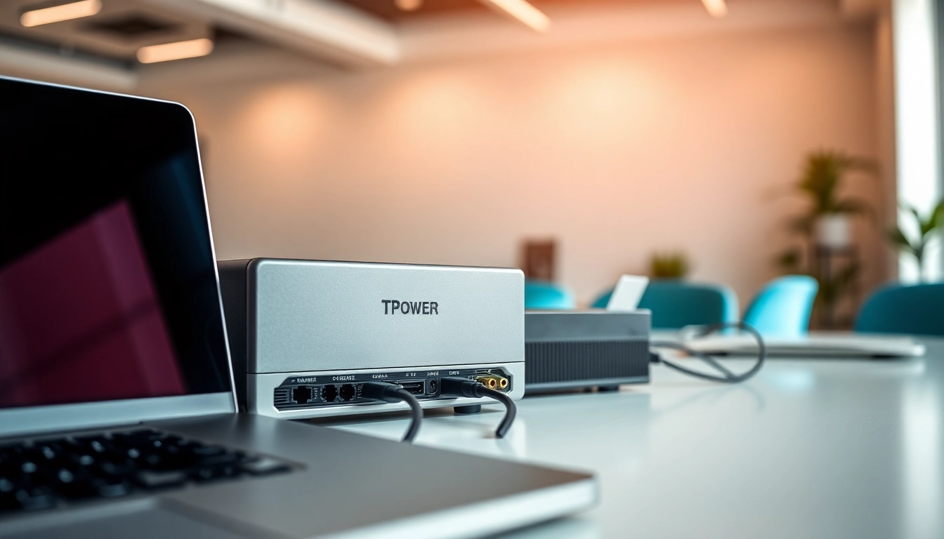 Showcase a TPower device in a modern workspace highlighting its features.