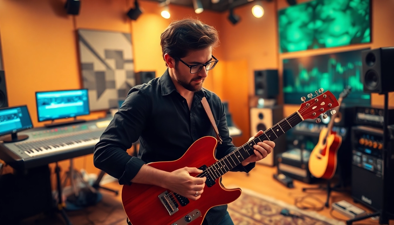 Showcasing Innovation in music creation tools with a musician immersed in a creative environment.