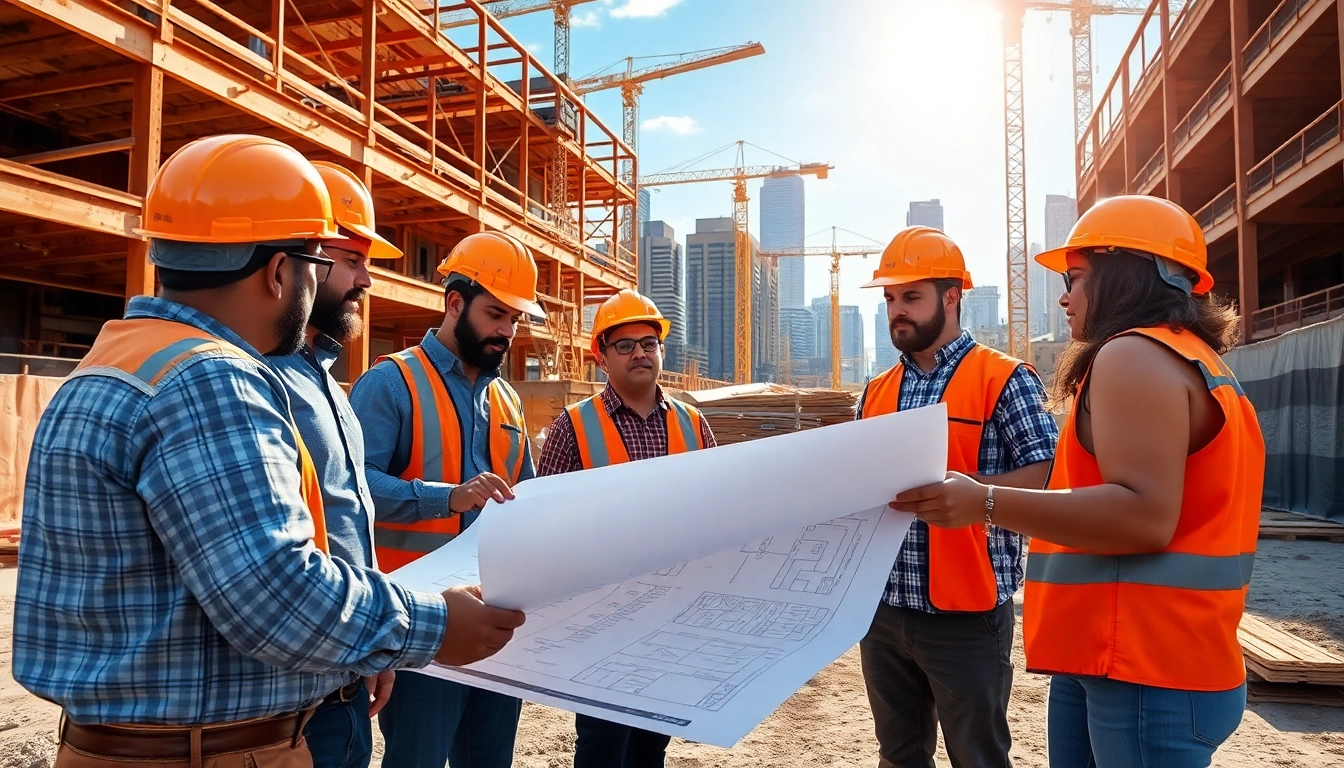 Austin construction workers collaborating on a building project with cranes in the background.