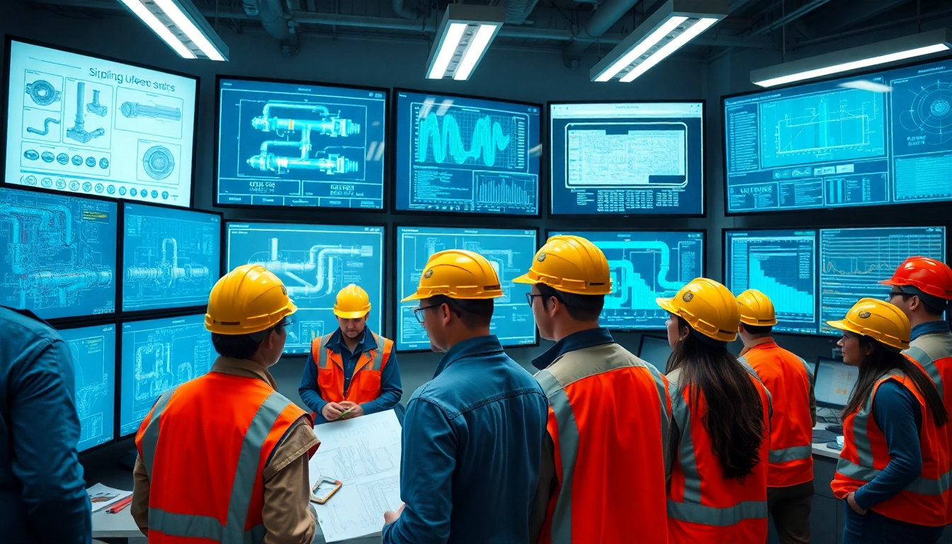 Engineers collaborating at a piping stress analysis company, showcasing detailed technical work.