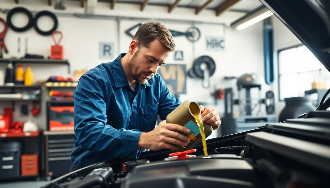 Pouring oil 5W-20 into an engine during a professional oil change.