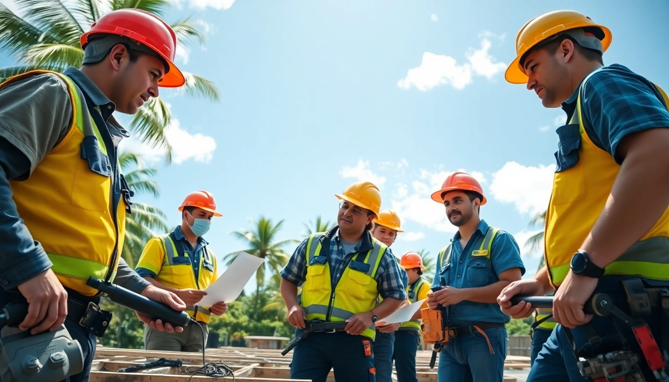 Electrician apprenticeship Hawaii: apprentices collaborating on a construction site in a tropical setting.