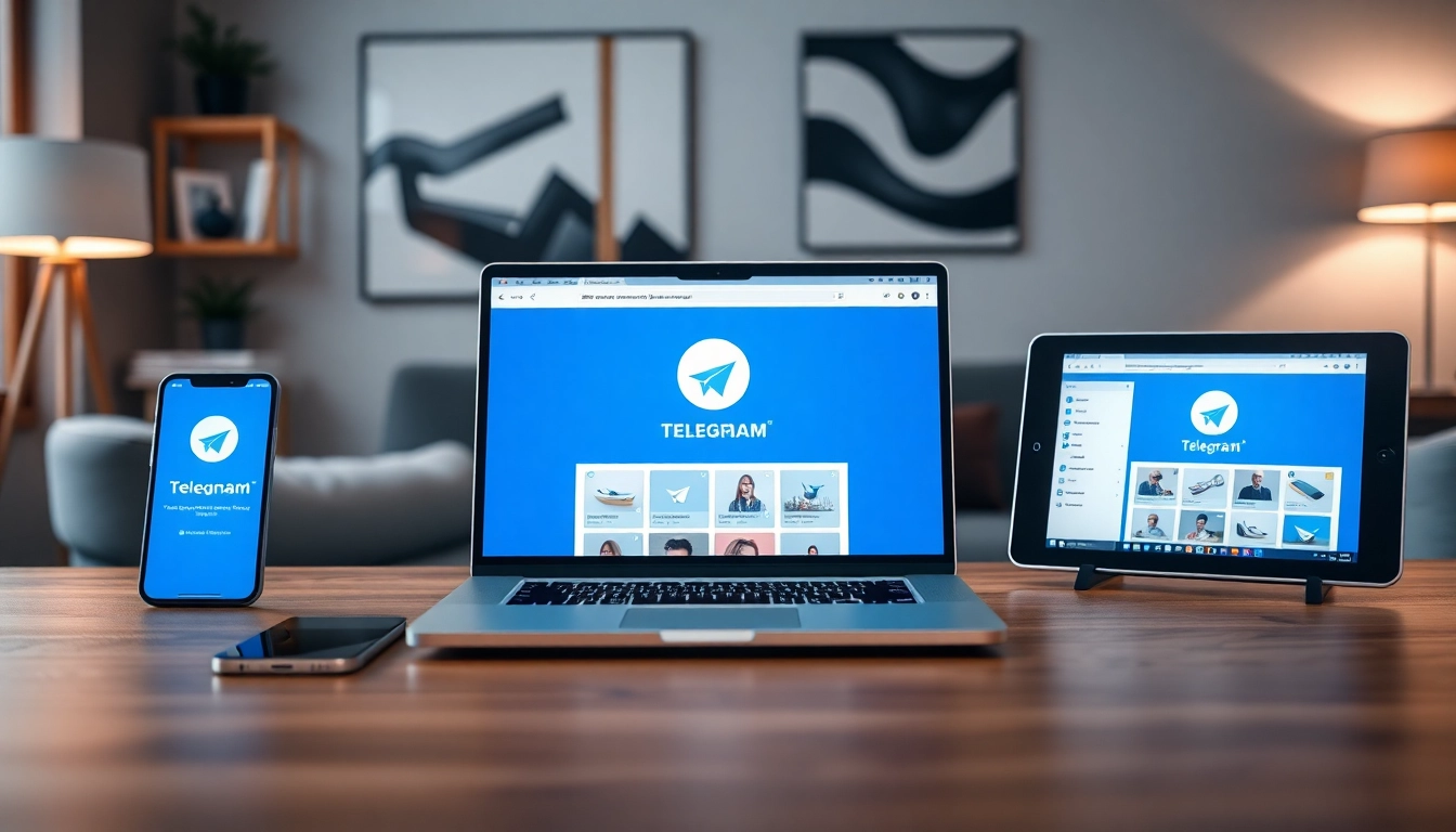 Visit 纸飞机官网, featuring the Telegram interface displayed across multiple devices in a modern setting.