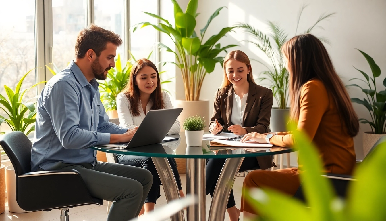 Healers in business discussing strategies with lively engagement in a modern workspace.