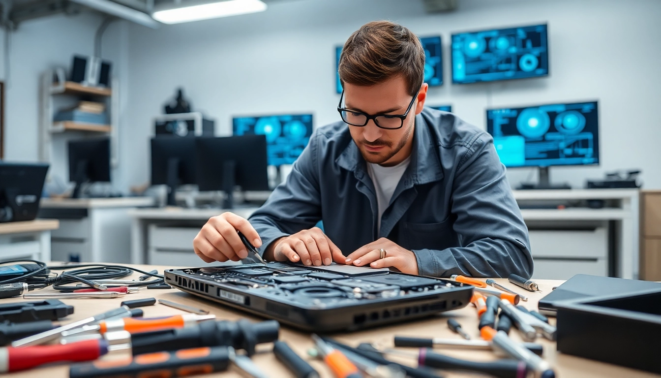 Riparazione computer torino: tecnico esperto ripara un laptop in un laboratorio moderno e professionale.