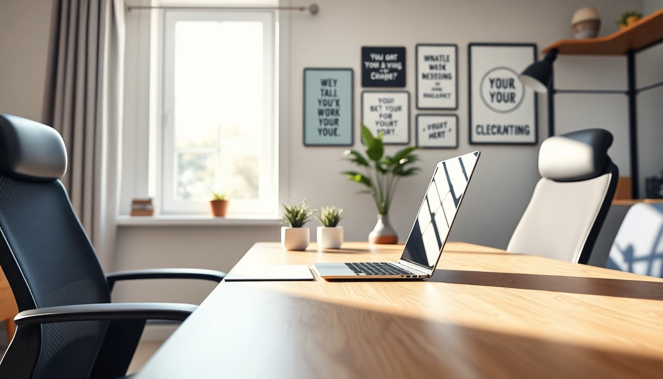 Work From Home office setup showing a modern workspace with natural lighting and motivational elements.