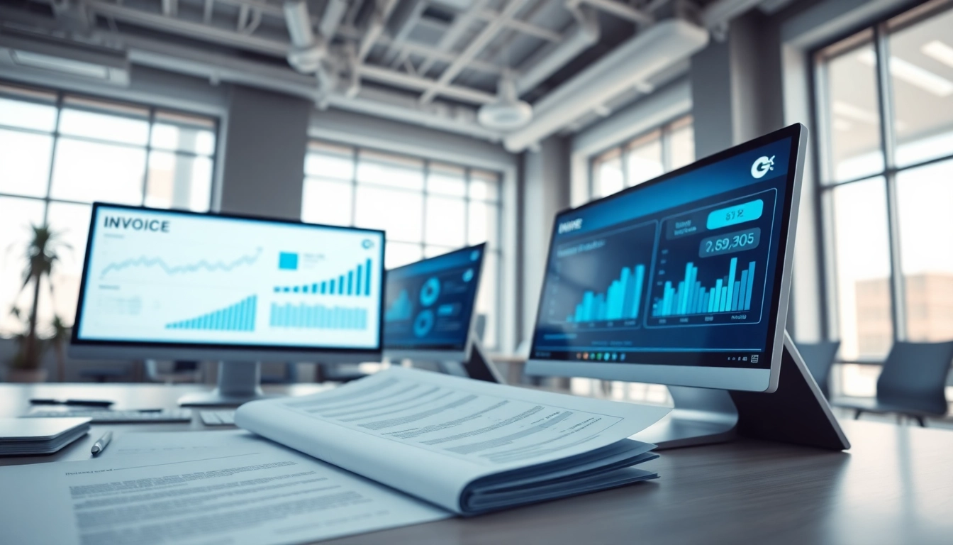 Visualize AR invoicing and collections in a modern office with sleek financial displays.