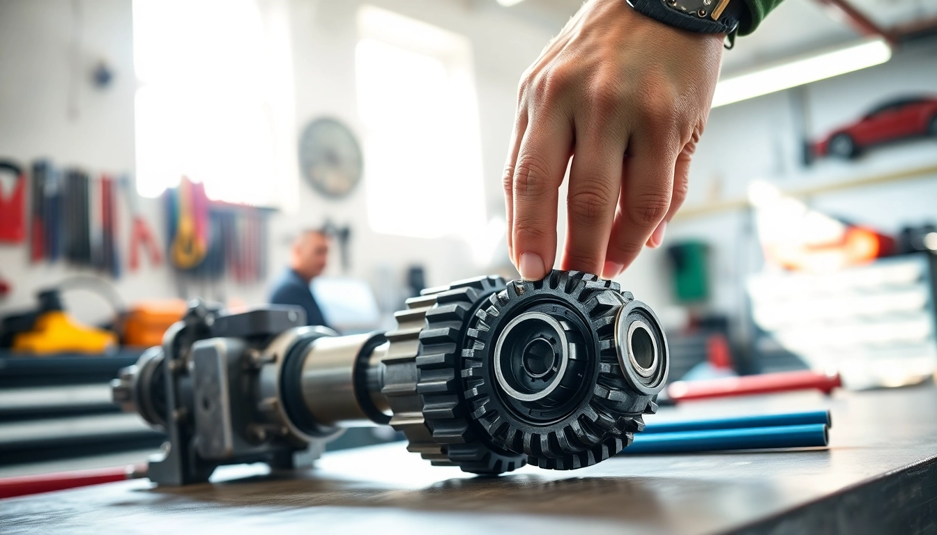 Inspecting a gearbox syncro component with precision in a well-lit garage setting.