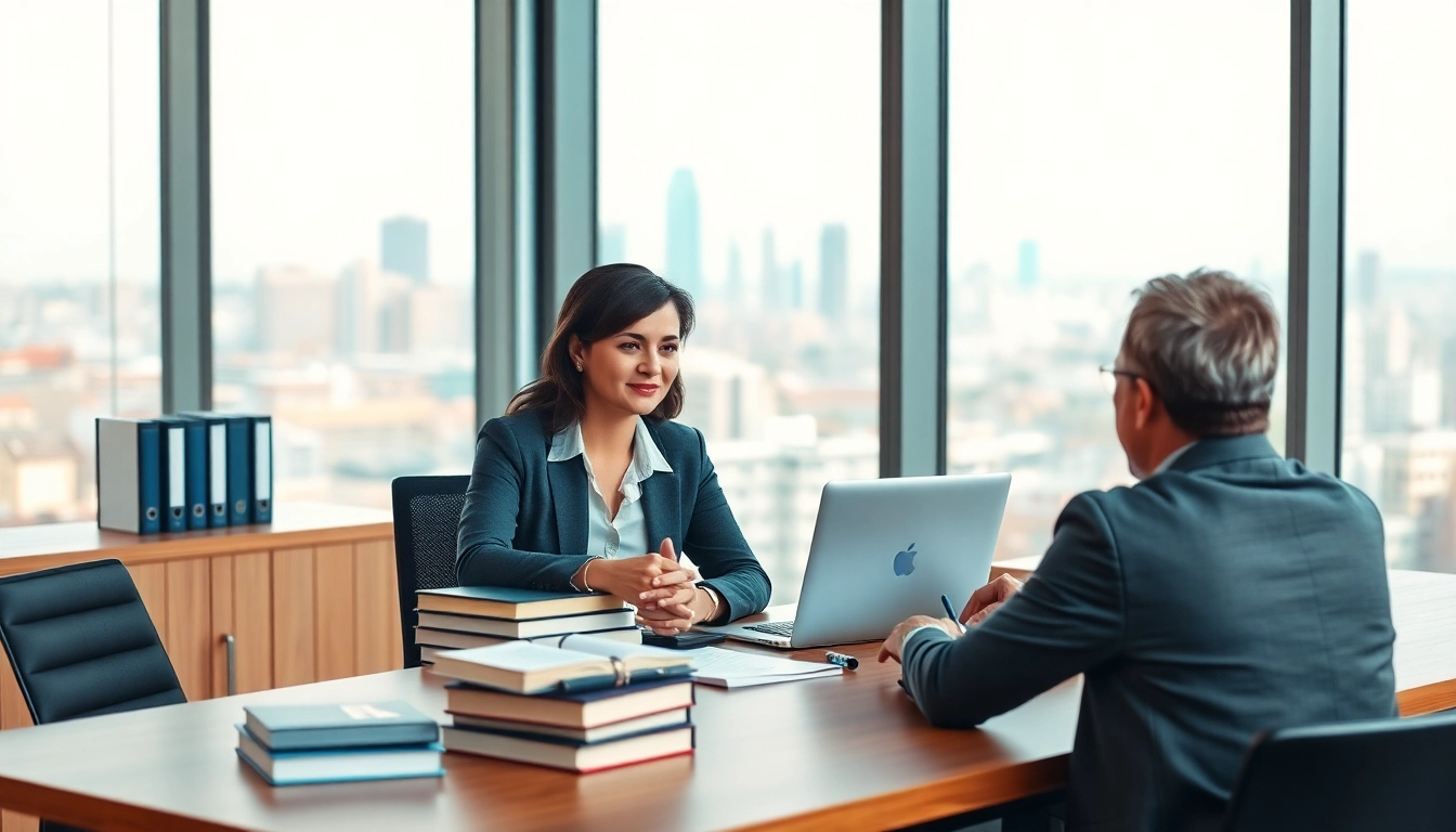 Abogada consulting with a client in a modern office setting, showcasing a professional atmosphere.