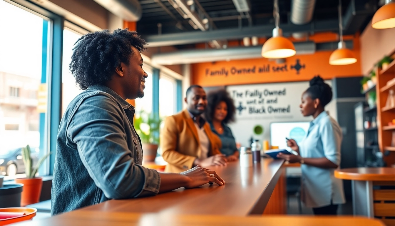 Highlight a family owned and black owned business with friendly staff in an inviting setting.