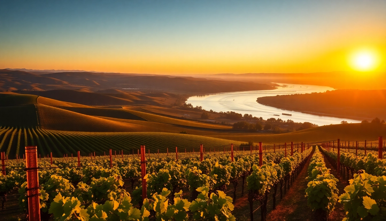 Experience the beauty of Clarksburg with stunning vineyards under a golden sunset.