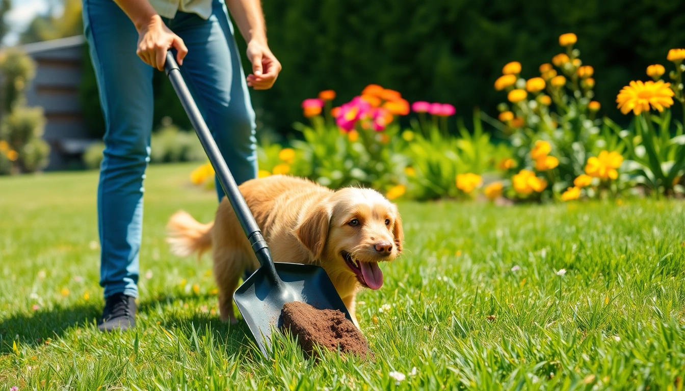 Clean up dog poop efficiently in a sunny backyard with a modern pooper scooper.