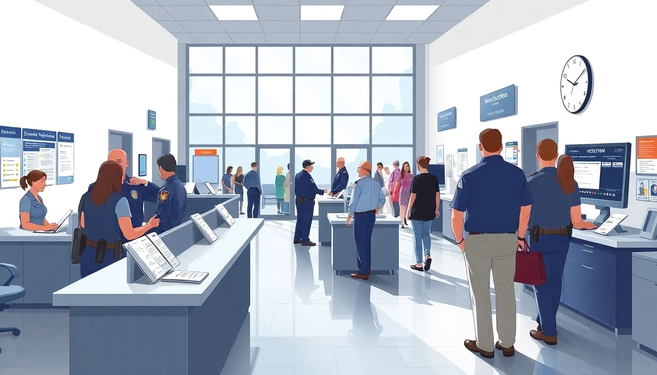 Accessing Anaheim Police Station inmate information in a modern, busy reception area.