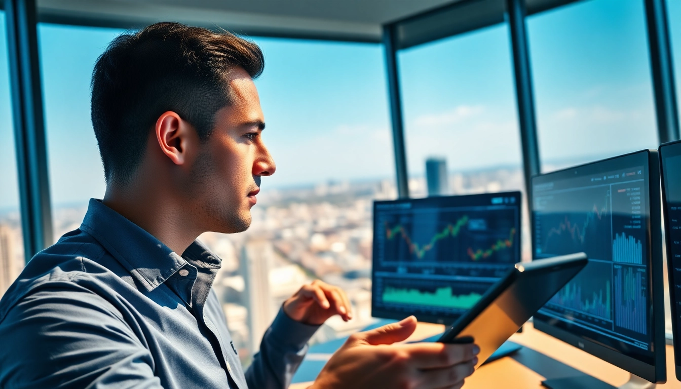 Stock picker analyzing financial data in a modern office with a city view.