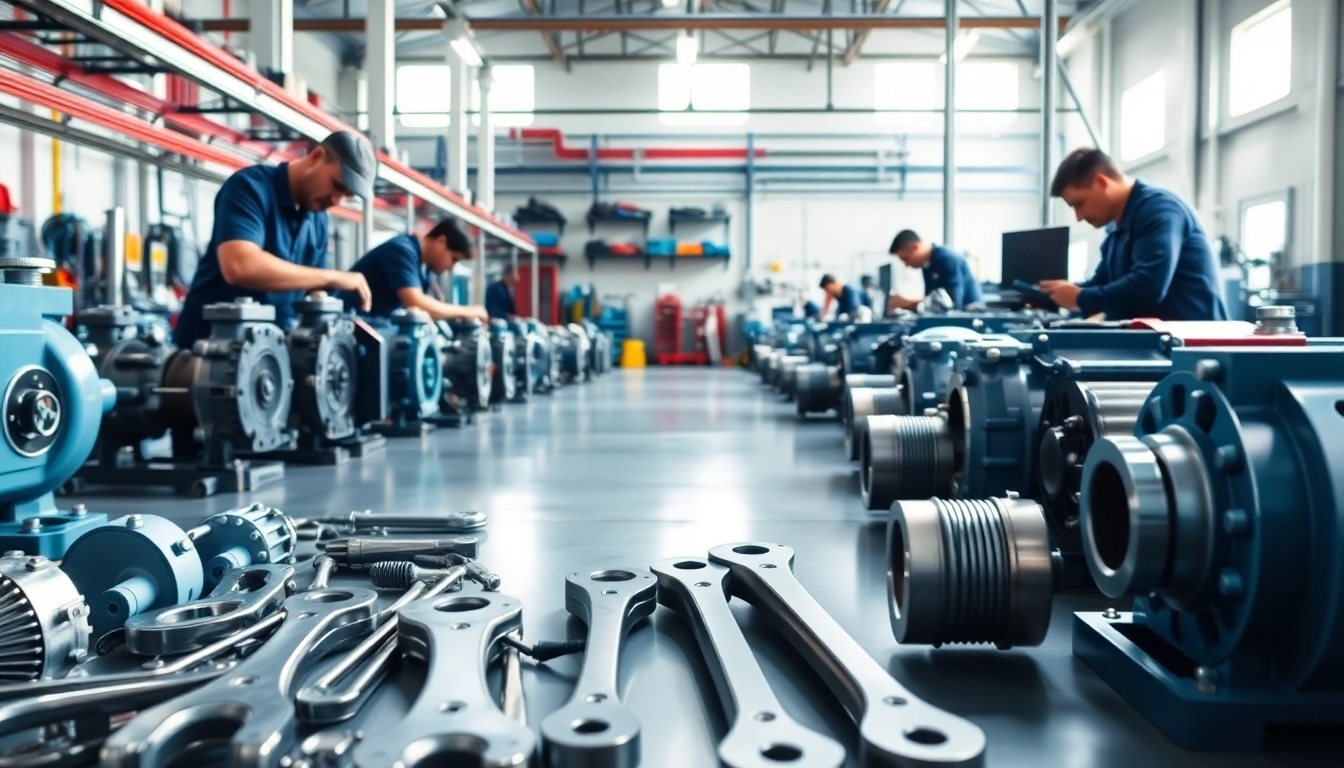 Expert technicians providing hydraulic pump repair services in a bright workshop setting.