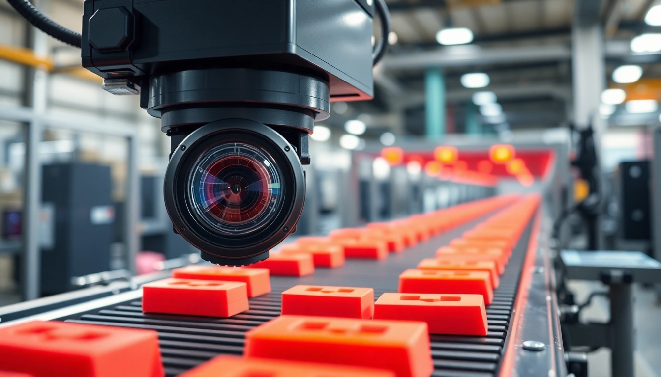 Machine vision system inspecting products on a production line with advanced industrial camera.