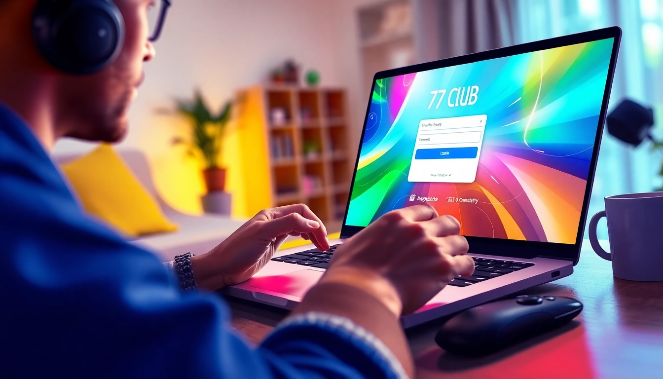 User accessing the 77 club login page on a vibrant gaming interface, showcasing an engaging digital environment.