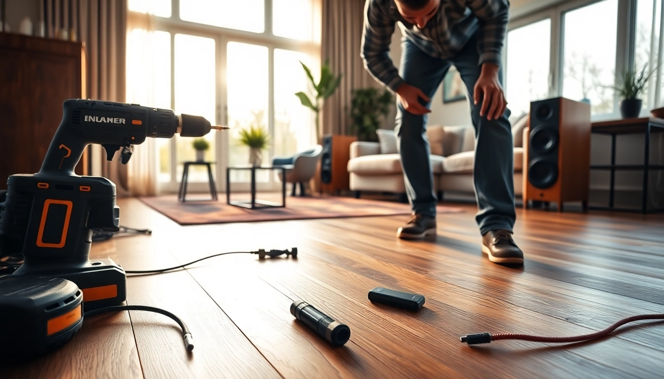 Home audio installation near me depicted as a professional setting with stylish speakers and skilled installer.