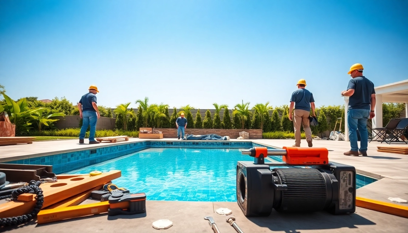 Workers engaged in pool construction, showcasing the custom swimming pool building process.