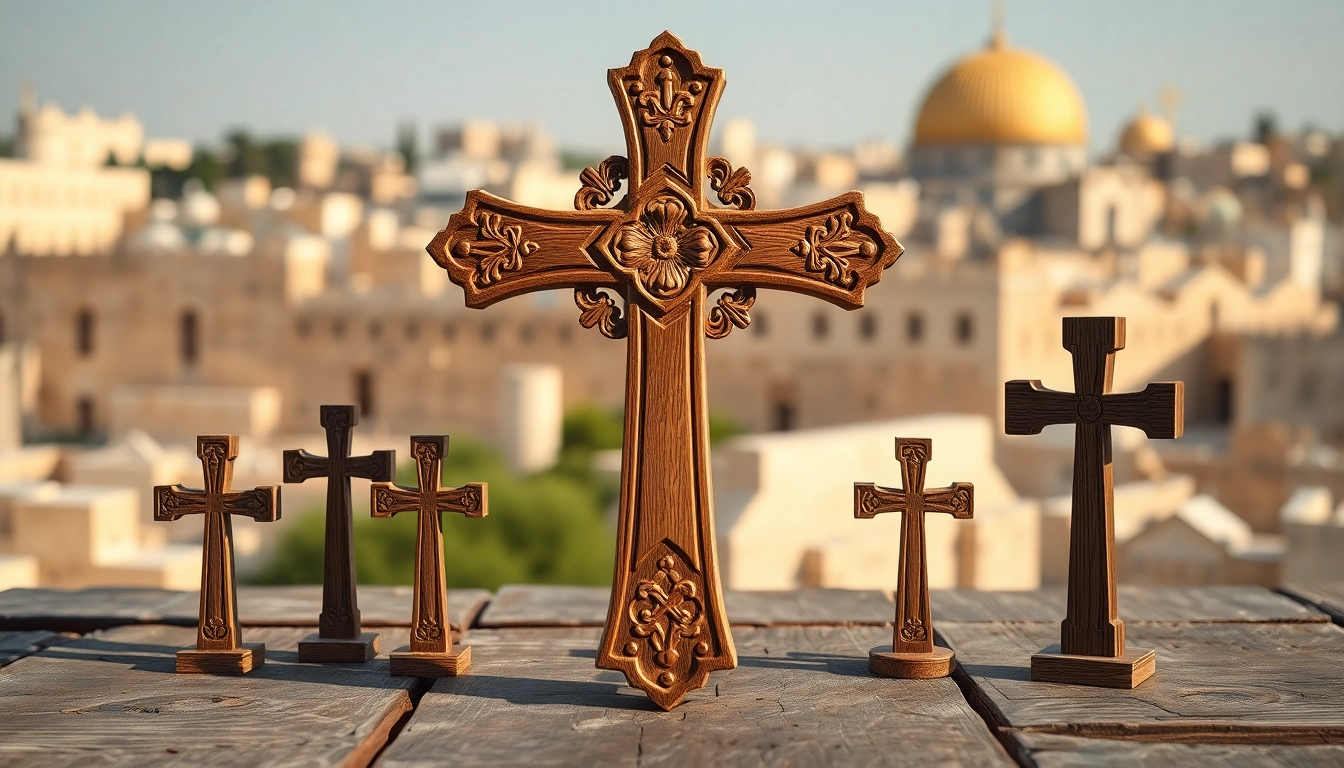 Admire ornate Jerusalem crosses featuring intricate details made from olive wood.