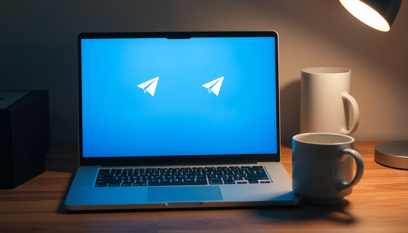 Showcase Telegram電腦版 on a laptop screen in a stylish workspace with ambient lighting and serene tones.