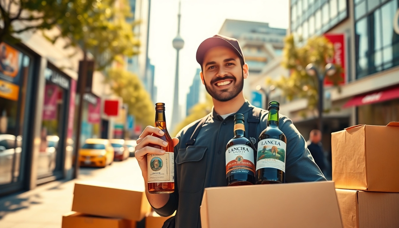 Enhancing lcbo delivery Toronto with a friendly driver and vibrant cityscape highlighting convenience.