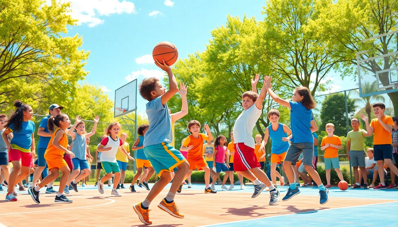 Young basketball enthusiasts playing an exciting game on an outdoor court.